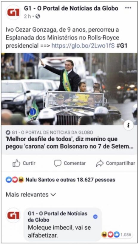 Perfil da Globo no Facebook ofende menino no desfile com Bolsonaro: “moleque imbecil”