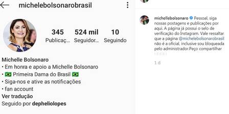 Perfil de MichelLe Bolsonaro com mais de 500 mil seguidores é FAKE