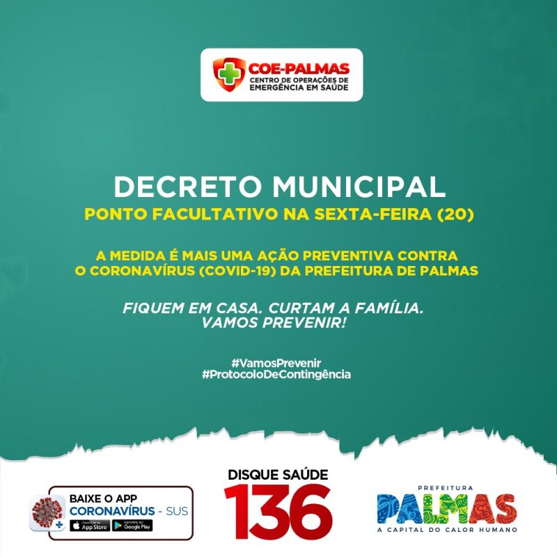Prefeitura de Palmas decreta ponto facultativo para os servidores municipais nesta sexta (20)