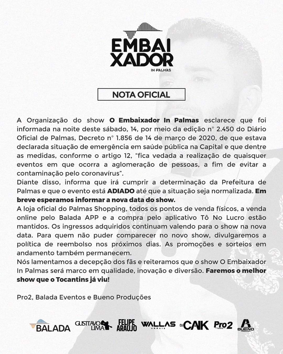 Adiado! Show do cantor Gusttavo Lima em Palmas será marcado para outra data por conta de decreto municipal, diz organização