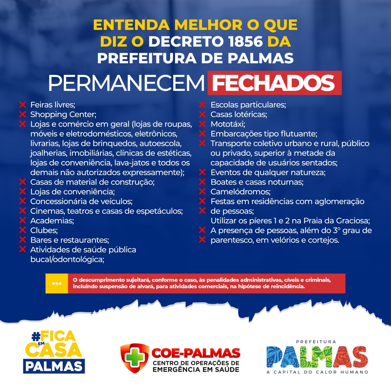 Confira a lista das 24 atividades que podem abrir e as 23 que não podem em Palmas durante a quarentena