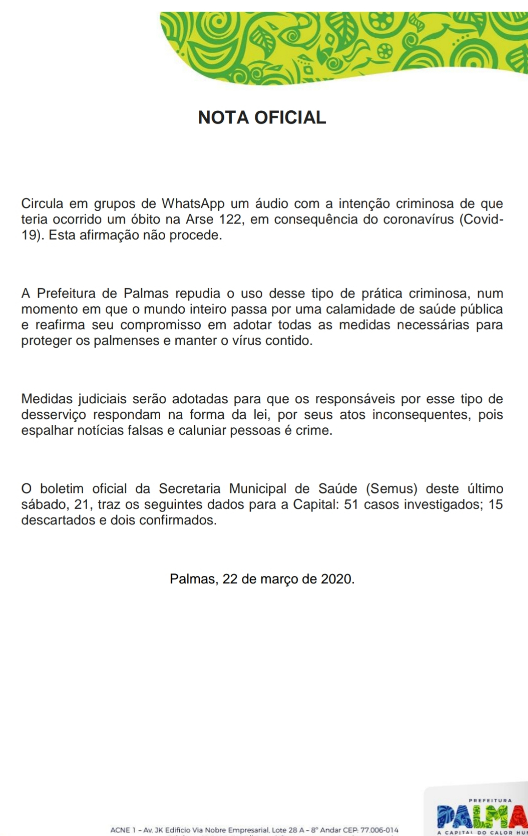 Prefeitura desmente áudio sobre morte por coronavírus em Palmas e diz que vai processar autor