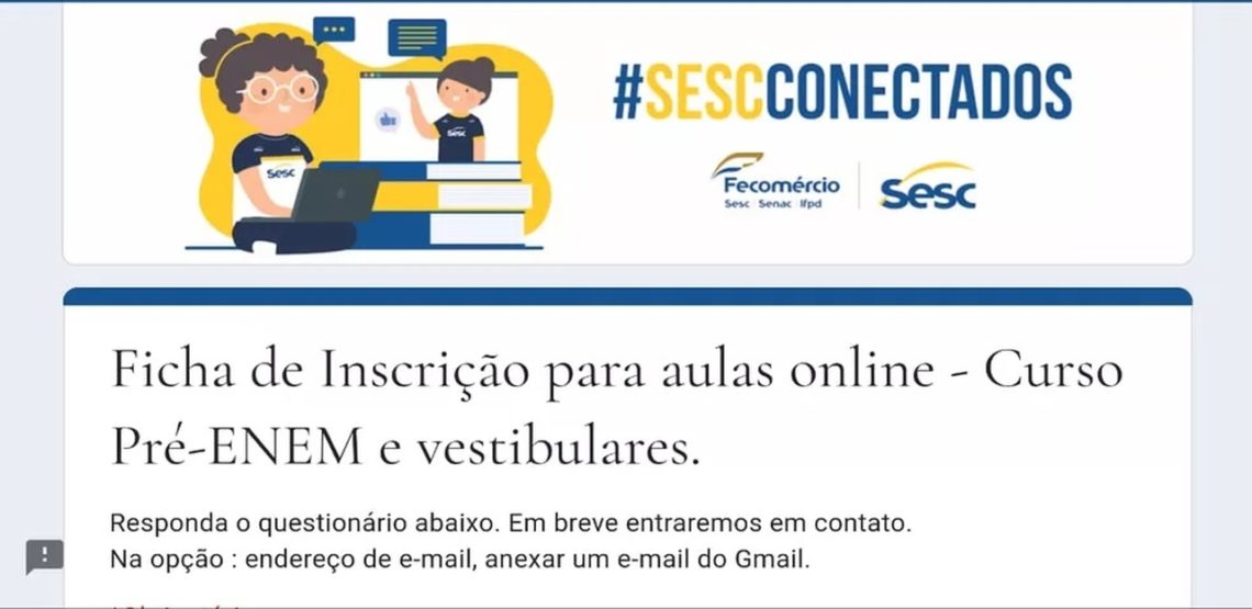 Oportunidade | Sesc de Palmas abre inscrições de cursinho online preparatório para o Enem