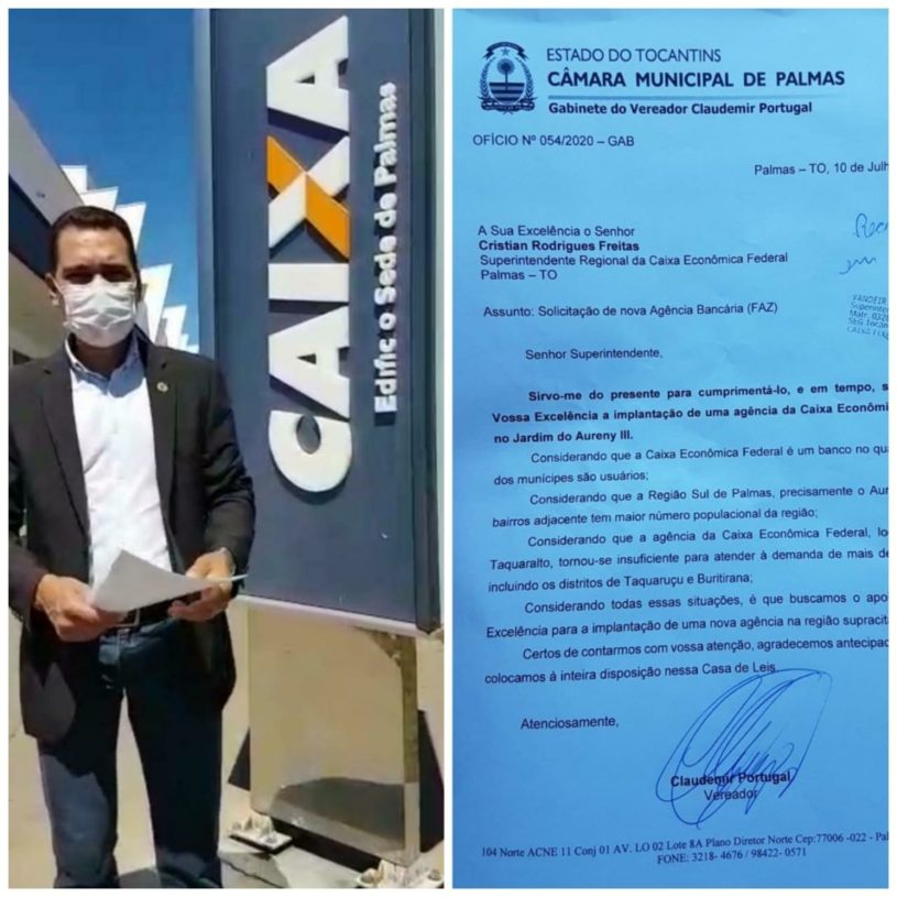 Vereador Claudemir Portugal protocola solicitação para abertura de agência da Caixa no Jardim Aureny III