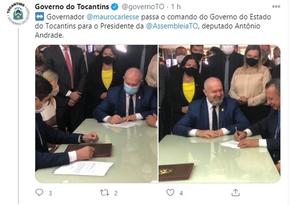 Governador Carlesse sai de férias e passa comando do estado para presidente da Assembleia Legislativa do Tocantins