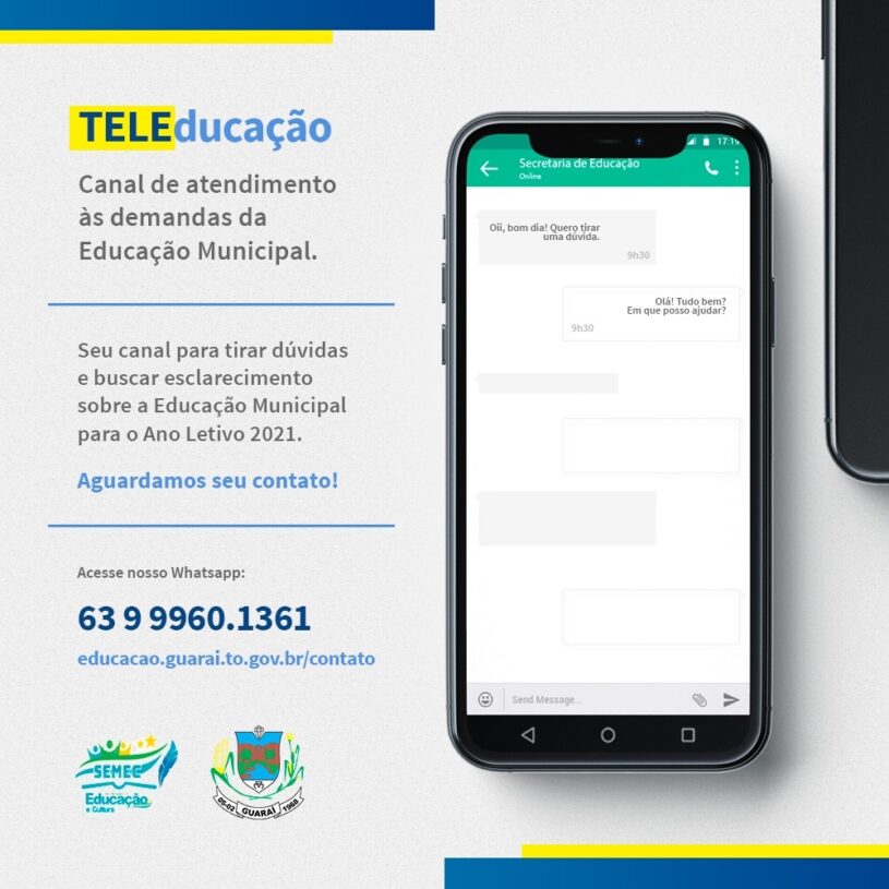 TelEducação | Secretaria de Educação disponibiliza atendimento via WhatsApp para dúvidas sobre o retorno das atividades em Guaraí