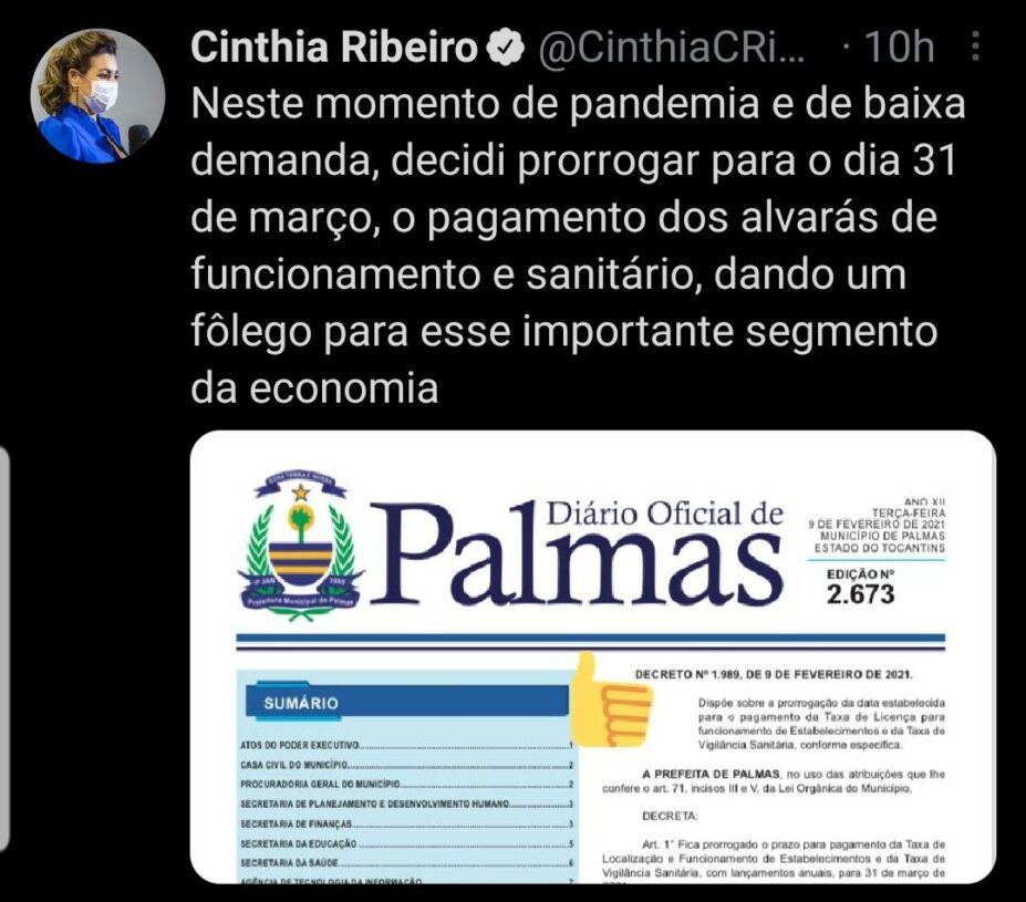 No Twitter, Cinthia Ribeiro anuncia prorrogação para pagamento dos alvarás de funcionamento e sanitário