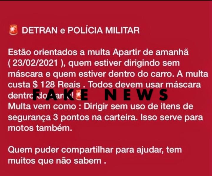 Mensagem que pessoas sem máscaras em veículos serão multadas em Palmas é fake news