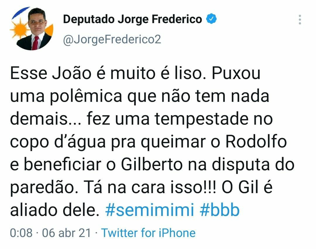 Deputado estadual do Tocantins faz comentário sobre episódio racista com João do BBB21 e gera polêmica nas redes sociais