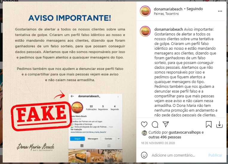 Alerta! Novo golpe nas redes sociais utiliza perfis falsos de estabelecimentos de Palmas para colher dados dos clientes