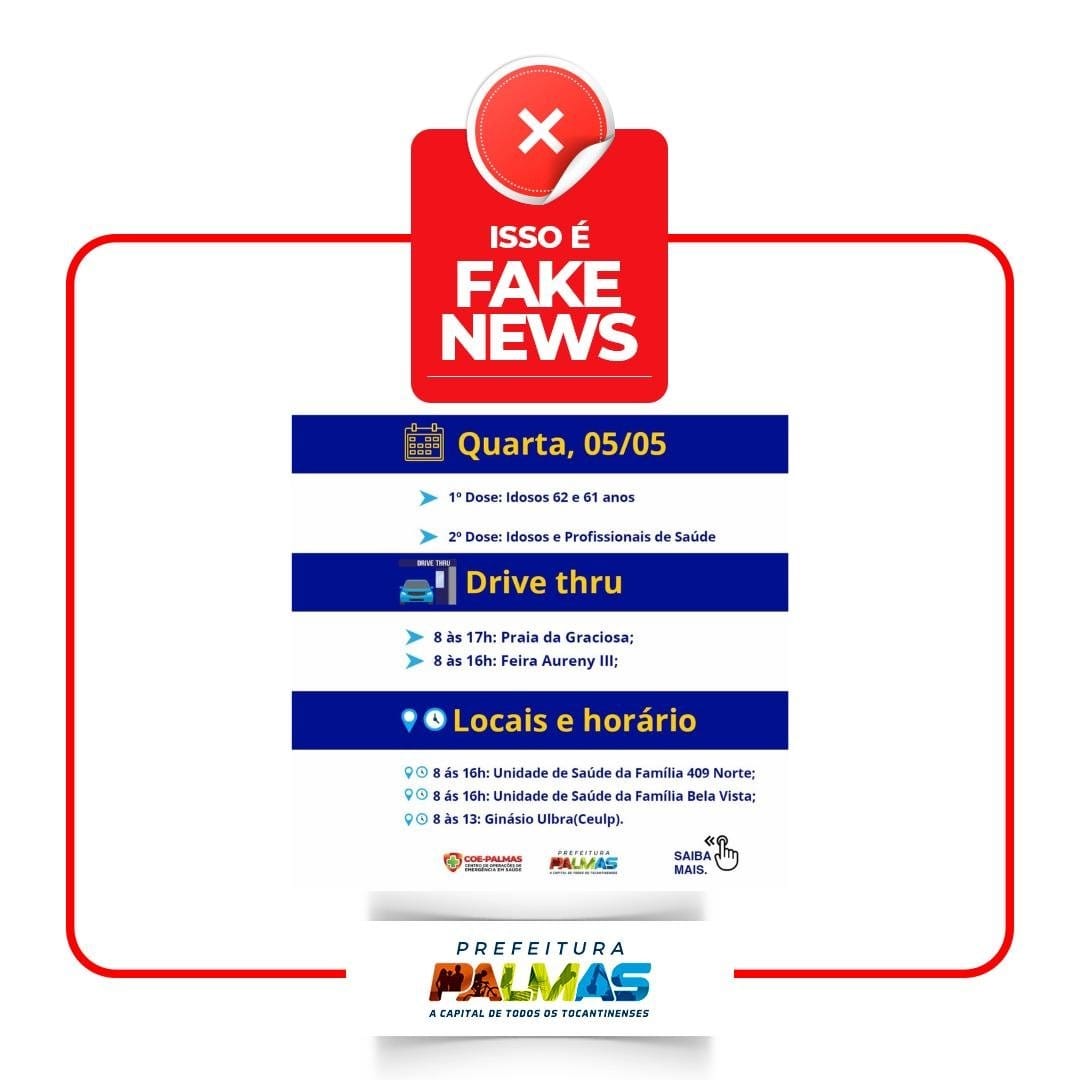 É Fake! Card com informações falsas sobre vacinação em Palmas faz moradores ficarem horas em fila esperando o imunizante