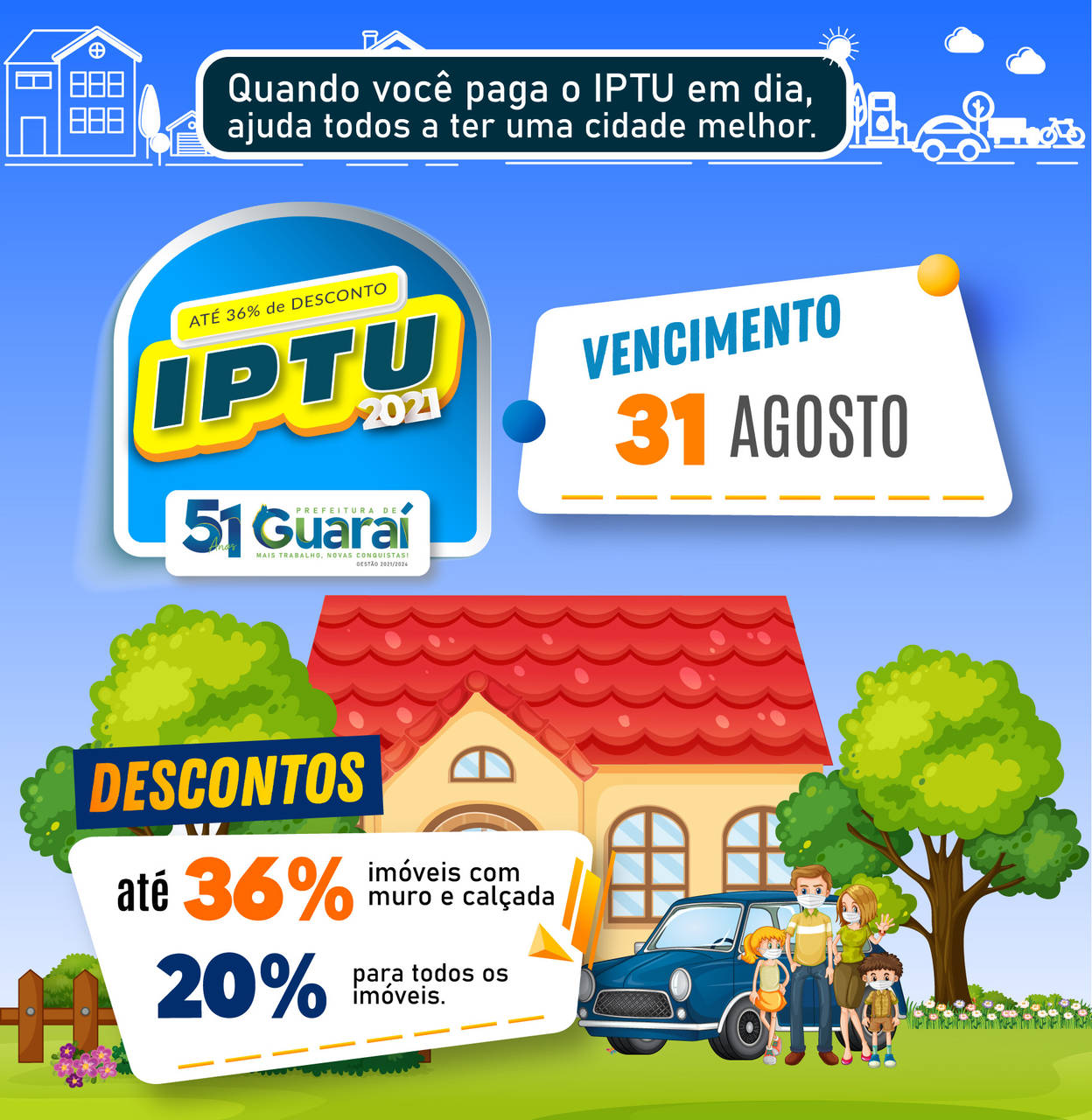 IPTU 2021: prazo para pagamento com descontos de até 36% encerra dia 31 de agosto em Guaraí