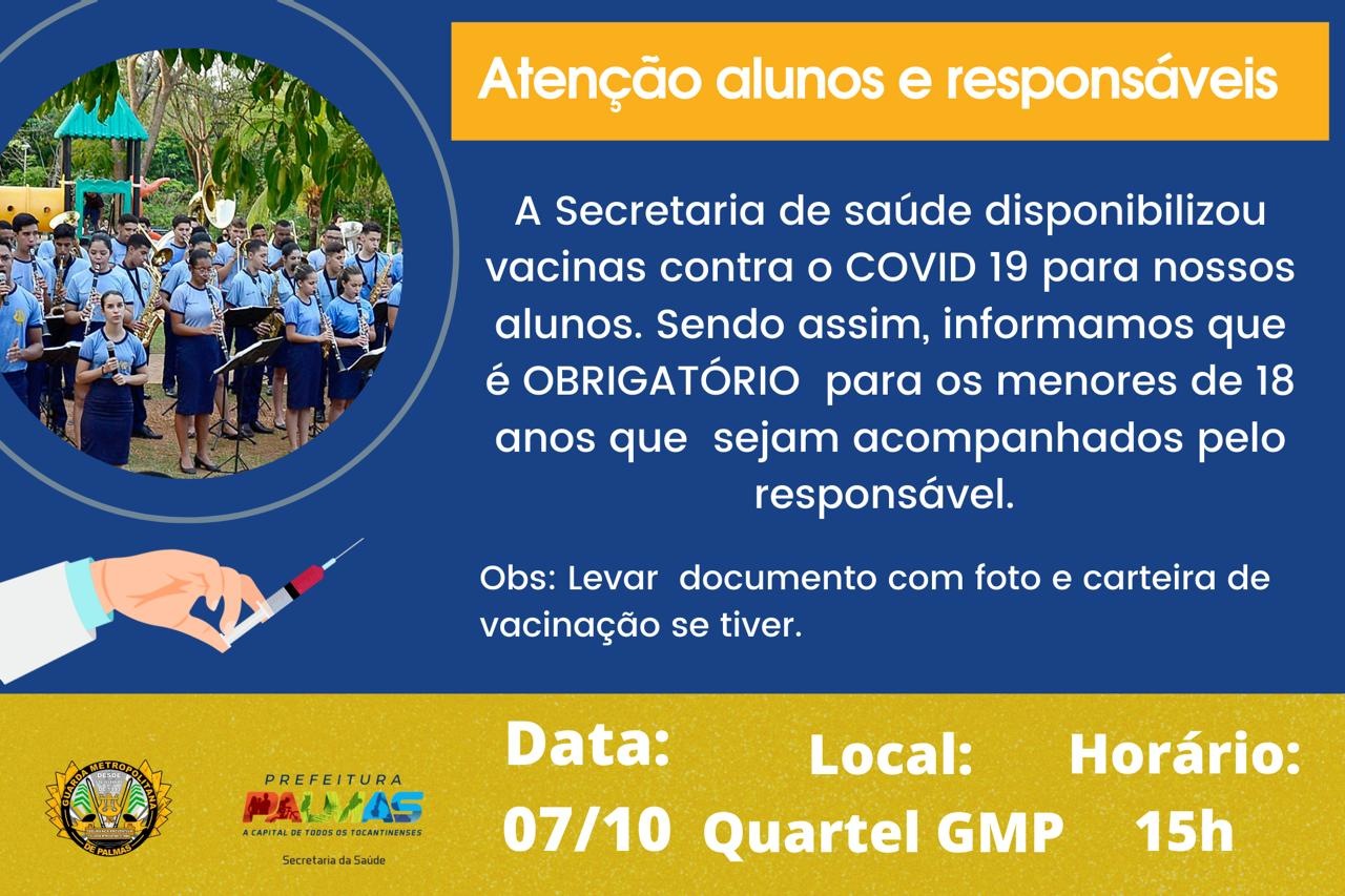 Alunos da Escola de Música da GMP são vacinados contra a Covid-19 nesta quinta, 7, em Palmas