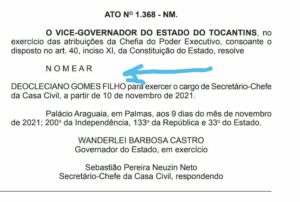 Wanderlei Barbosa nomeia Deocleciano Gomes como Secretário-Chefe da Casa Civil do TO