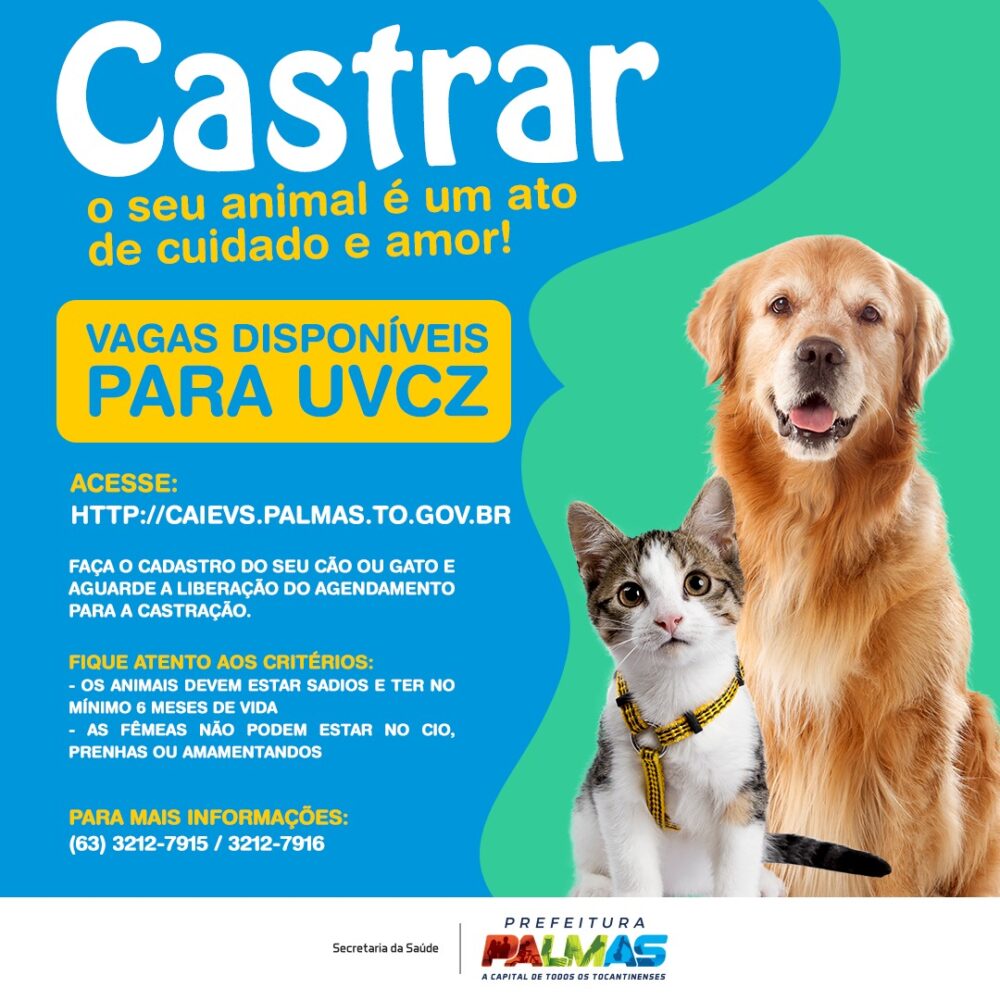 Semus de Palmas abre hoje, 22, agendamentos de castrações de cães e gatos na UVCZ