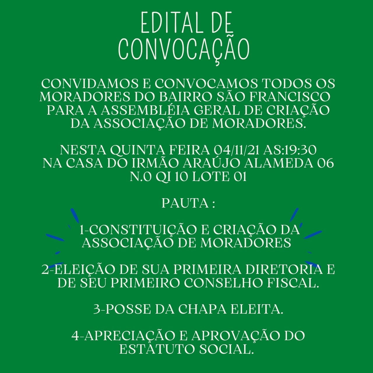 Publicado edital de convocação para constituição da Associação de Moradores do Setor São Francisco em Palmas; confira