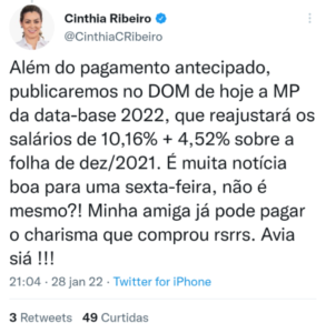 O tuíte mais esperado do mês saiu: Cinthia Ribeiro anuncia antecipação de salários e retroativos dos servidores públicos de Palmas; saiba mais