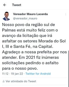 Vereador Mauro Lacerda parabeniza a gestão Cinthia Ribeiro pelo avanço na licitação que irá asfaltar setores da região Sul de Palmas