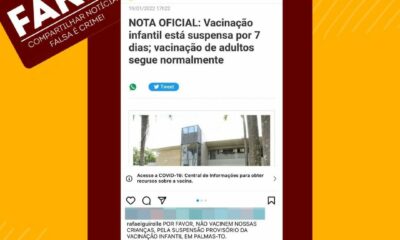 É FAKE! Prefeitura de Palmas desmente notícia divulgada por DJ da Capital sobre vacinação em crianças
