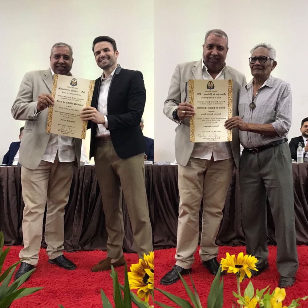 Vereador Jucelino Rodrigues homenageia Dr. Jonas Lima e Agostinho Quintino durante cerimônia de entrega de Títulos de Cidadão Palmense