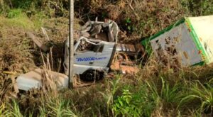 Caminhão tem teto arrancado após tombar e cair em ribanceira na BR-153, em Araguaína