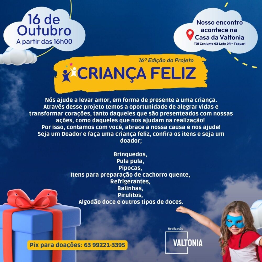 Dia das Crianças: Projeto realiza ação social para arrecadar doações de brinquedos para a garotada do Jardim Taquari, na região Sul de Palmas; SAIBA COMO AJUDAR