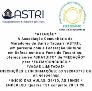 Associação de Moradores do Taquari oferece curso gratuito de redação para concursos públicos e Enem; saiba como se inscrever