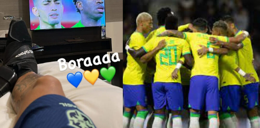 Em tratamento no hotel, Neymar publica nas redes sociais assistindo ao jogo da Seleção: 