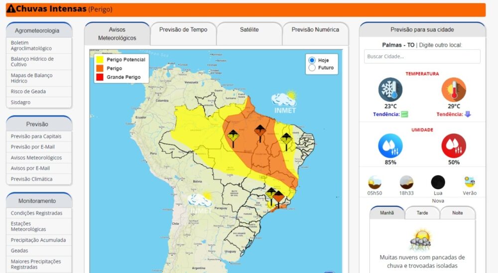 Inmet alerta população para o risco de chuvas intensas em Palmas; confira a previsão do tempo para hoje (22)