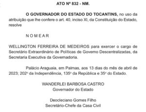 Wellington Ferreira, pastor da Universal, é nomeado secretário Extraordinário de Políticas de Governo do Tocantins