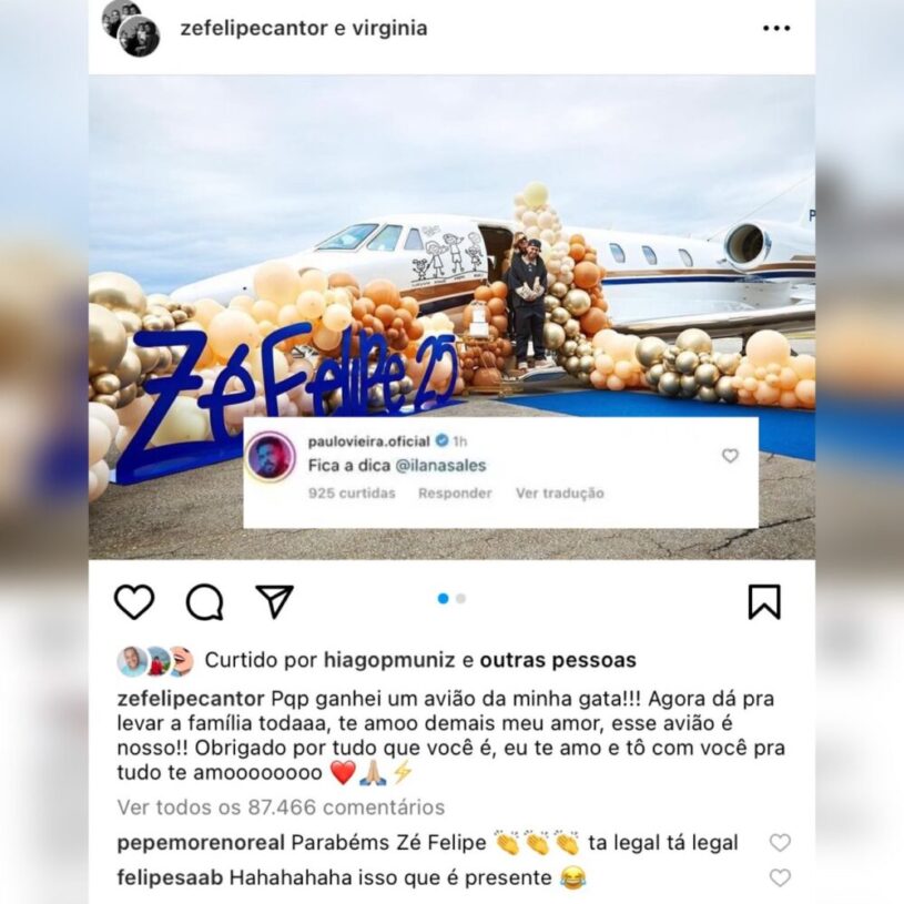 Após Zé Felipe ganhar avião de aniversário da esposa, humorista tocantinense Paulo Vieira manda indireta para a namorada: ''Fica a dica''