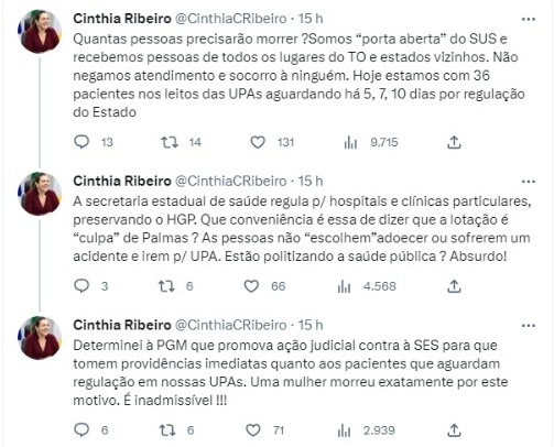 Cinthia Ribeiro fala sobre morte na UPA Sul e pede à PGM ação judicial contra o Estado; "Que conveniência é essa de dizer que a lotação é “culpa” de Palmas?"