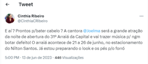 É OFICIAL! Prefeita Cinthia Ribeiro anuncia Joelma como atração de abertura do 31° Arraiá da Capital