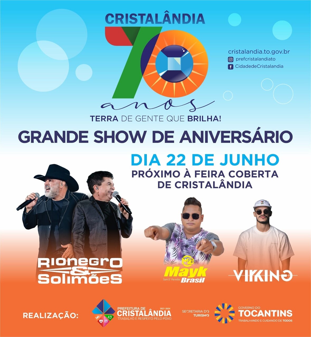 Aniversário de Cristalândia: 70 anos do município serão comemorados com show de Rio Negro & Solimões, desfile cívico e inaugurações