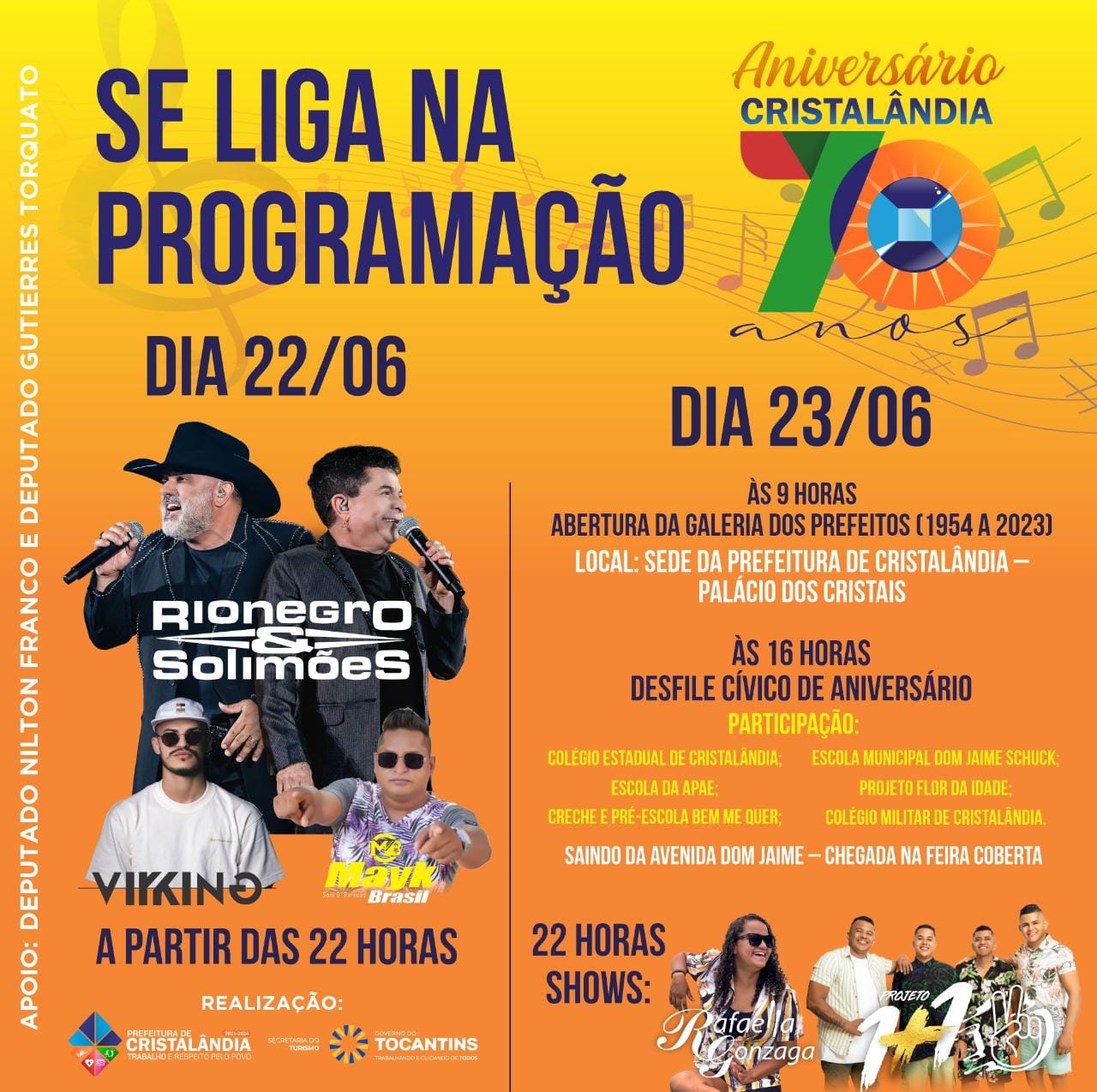 Cristalândia comemora 70 anos com show de Rio Negro & Solimões e ampla programação; CONFIRA