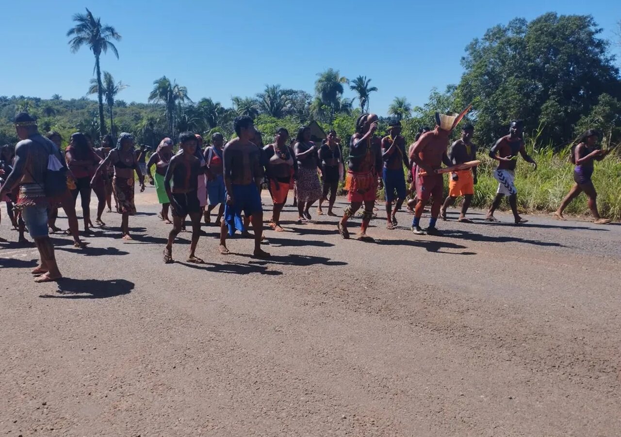 Em protesto contra projeto do marco temporal, indígenas da etnia Apinajé bloqueiam trecho da TO-210