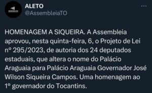 Homenagem: Assembleia Legislativa aprova PL que altera nome do Palácio Araguaia para Governador Siqueira Campos