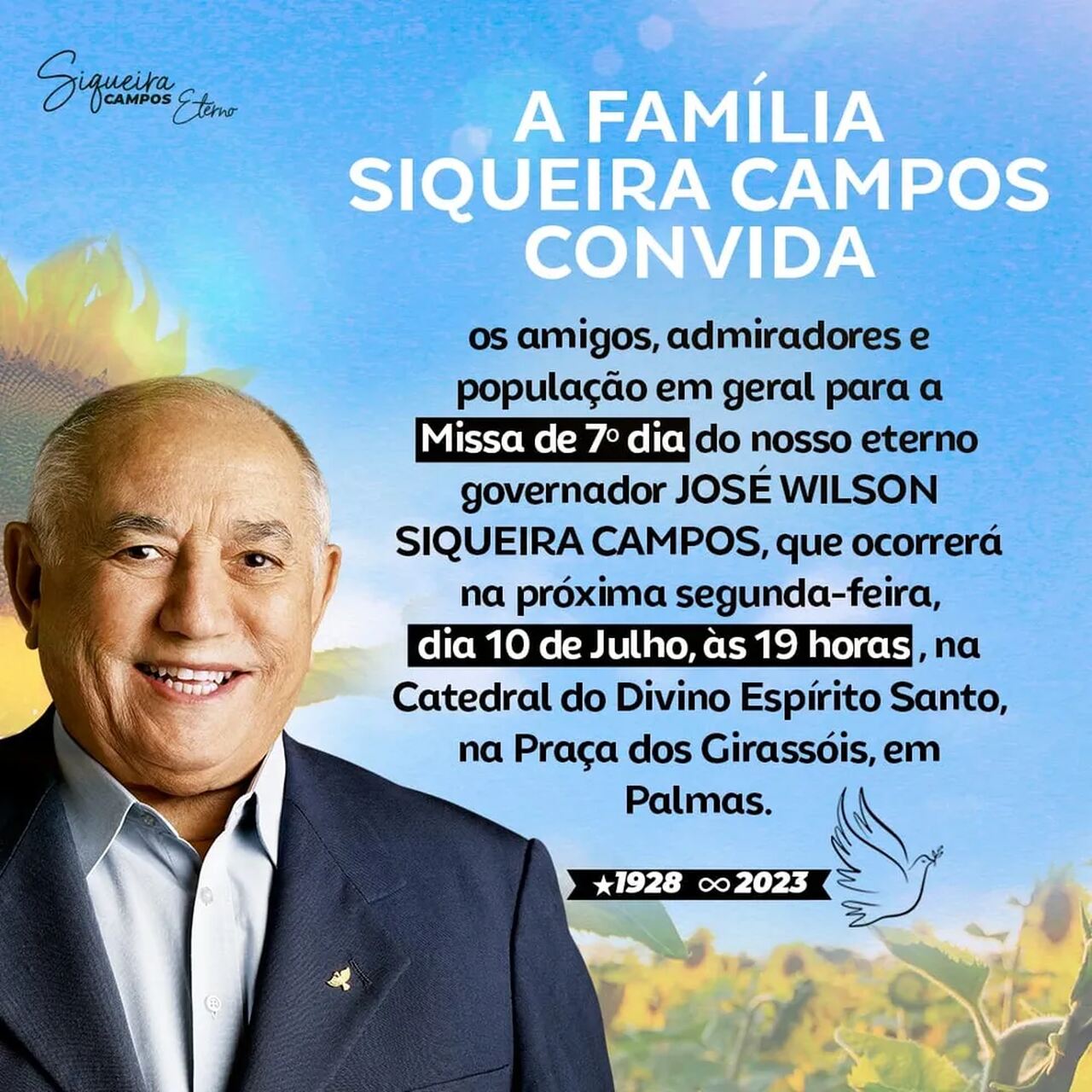 Última homenagem: Missa de 7º dia do ex-governador Siqueira Campos será nesta segunda-feira, 10, na Catedral de Palmas