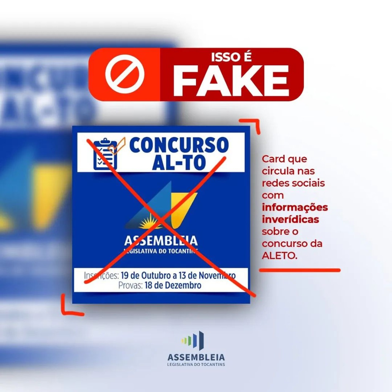 É FAKE: Aleto esclarece informações falsas divulgadas sobre o concurso da Assembleia Legislativa do Tocantins; confira