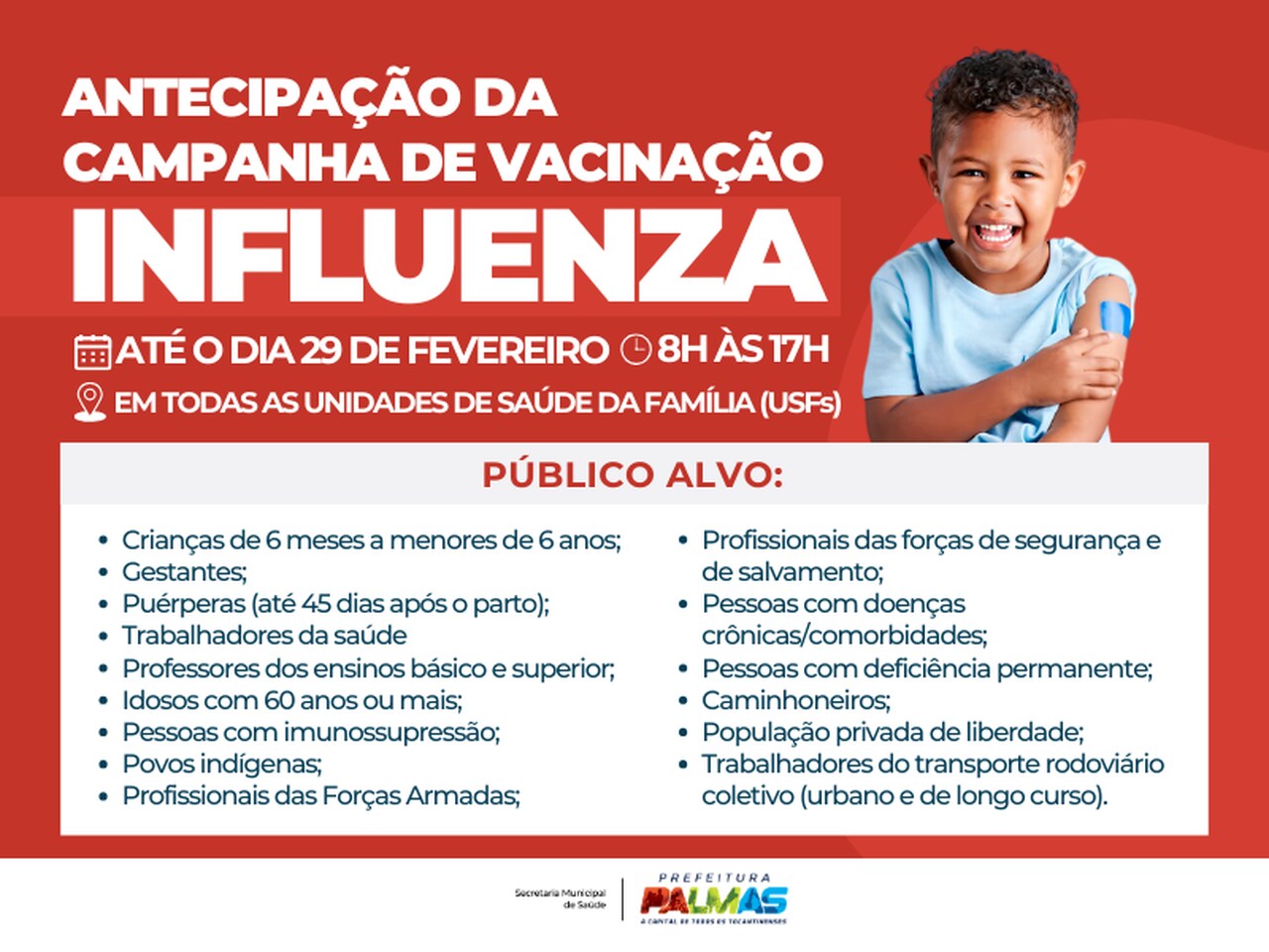 Campanha de vacinação contra influenza é antecipada em Palmas; saiba detalhes