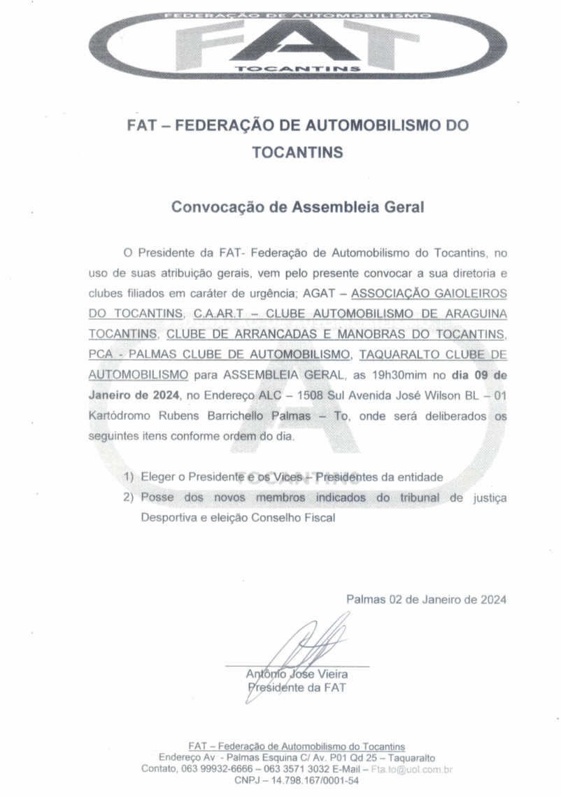 Federação de Automobilismo do Tocantins realiza convocação para realizar eleição no dia 9 de janeiro