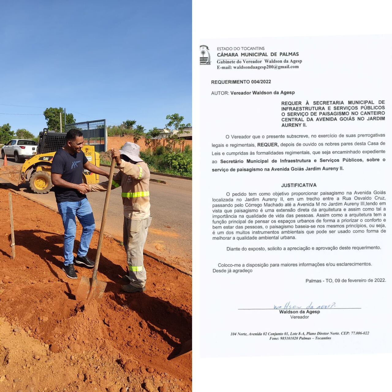 Vereador Waldson da Agesp comemora atendimento de requerimento de paisagismo na Av. Goiás, no Jardim Aureny II, Palmas