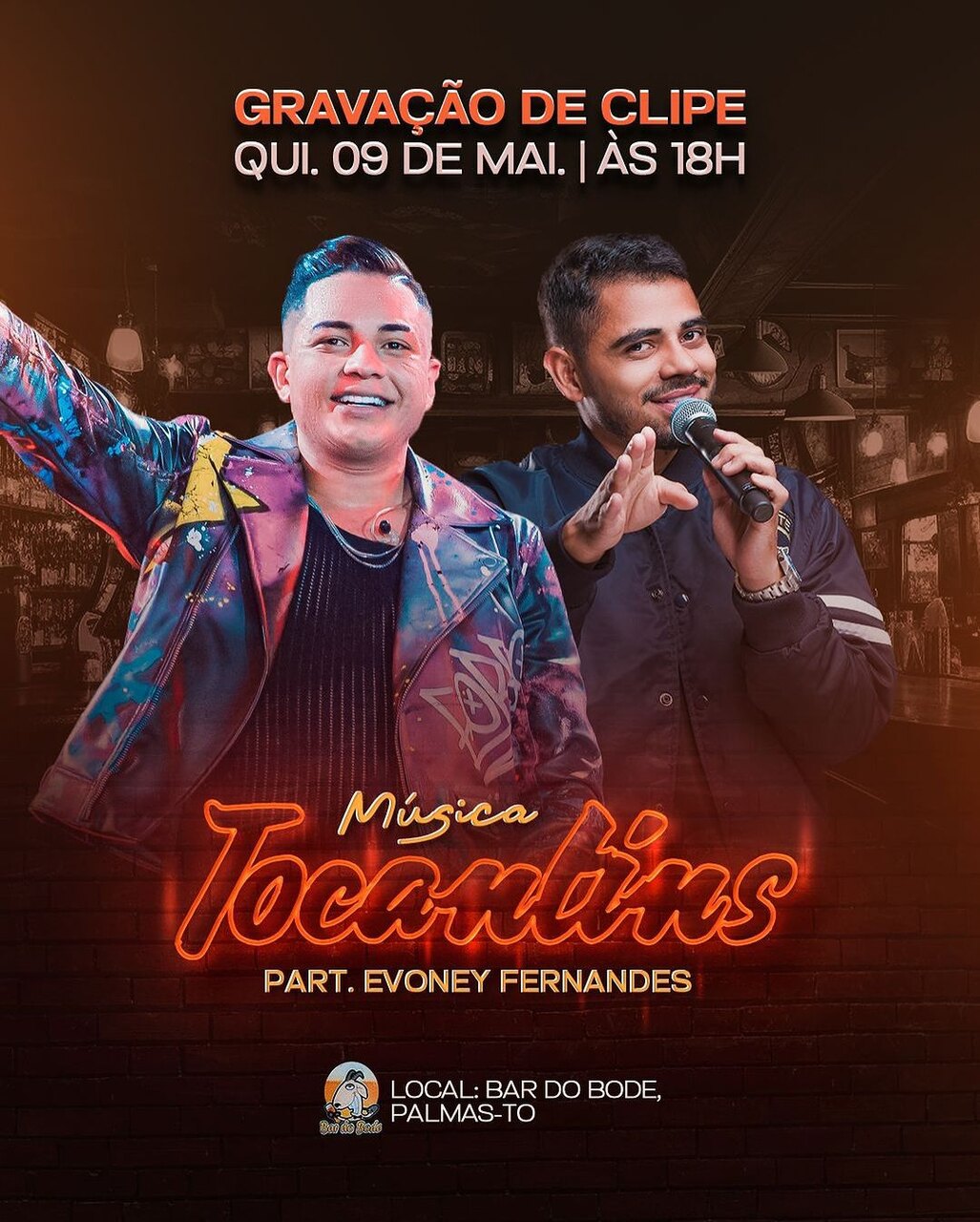 Ao lado do cantor Alanzim Coreano, Evoney Fernandes grava clipe da música "Tocantins" nesta quinta em bar no centro de Palmas