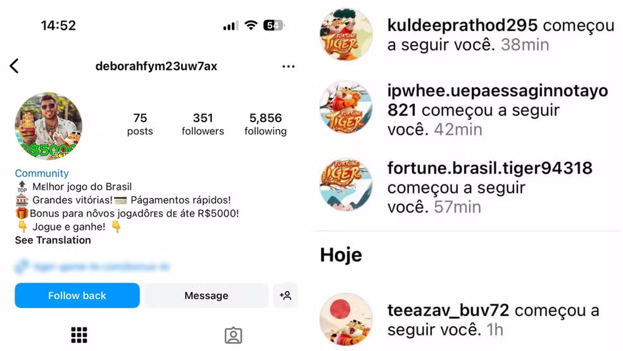 Usuários do Instagram reclamam de contas do "jogo do tigrinho" seguindo seus perfis: "Eu não aguento mais"