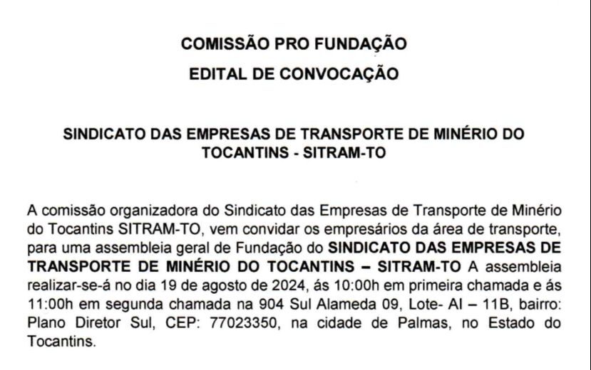 Comissão organizadora do SITRAM-TO realiza convocação para assembleia geral em Palmas no dia 19 de agosto