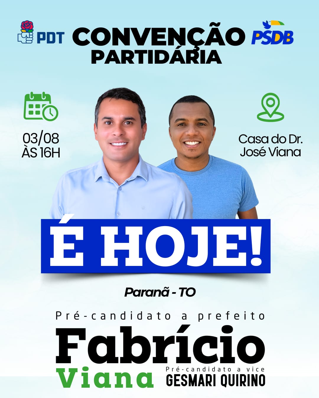 É HOJE: Grande convenção partidária do PSDB e PDT oficializa candidatura a prefeito de Fabrício Viana em Paranã; saiba detalhes