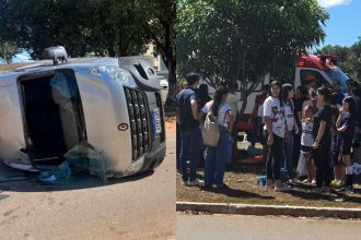 AGORA: Van escolar capota após colisão com picape na 306 Sul em Palmas; cerca de 10 crianças foram socorridas